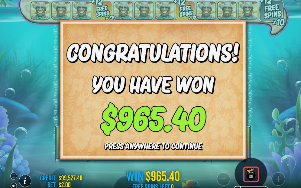 Win screen with fish symbols and a MONEY total